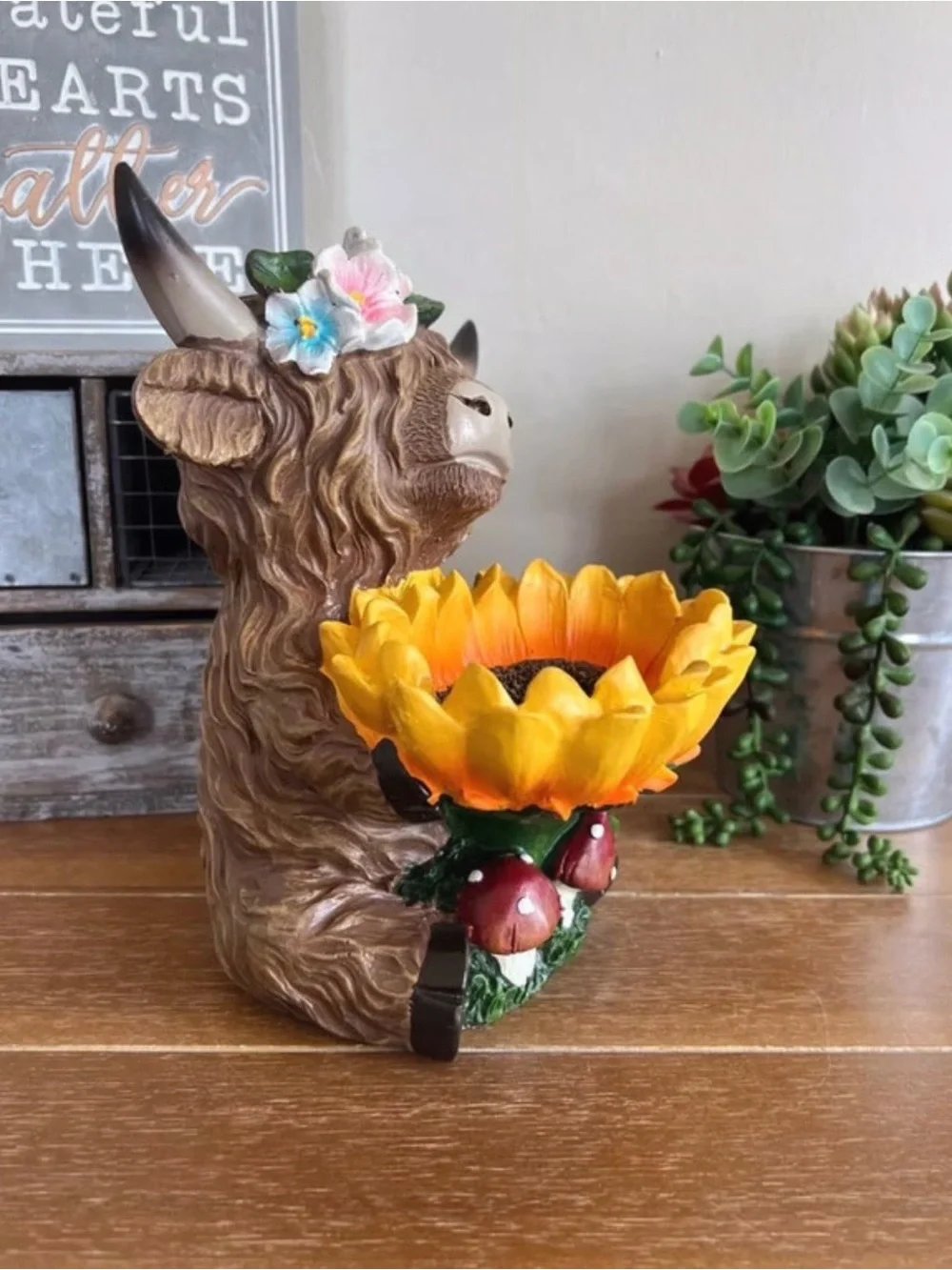 New Decorative Highland Cow Holding A Sunflower